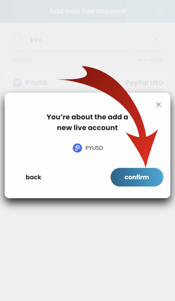 Confirmation of adding new account on Simple FX mobile app